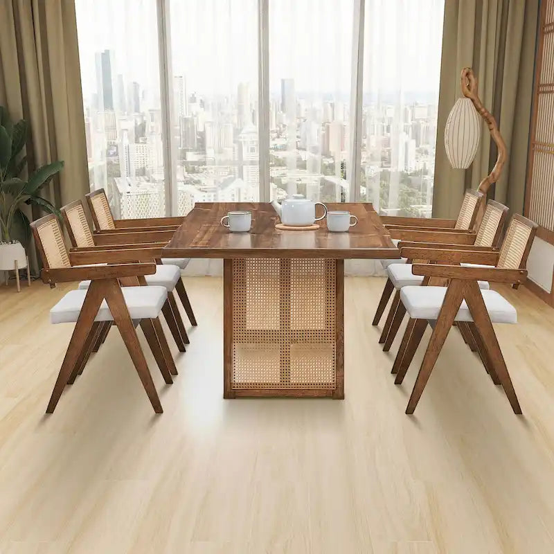 Mesa y sillas de comedor de madera de 7 piezas, mesa de cocina de ratán con mesa de comedor rectangular y 6 sillas