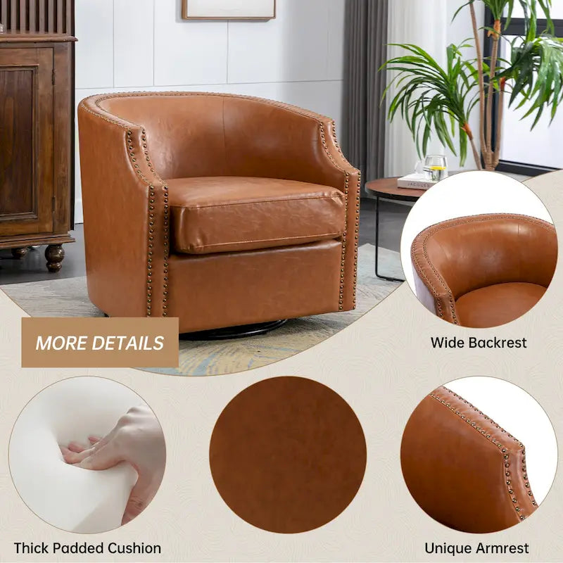 Sillón giratorio de barrica de 360 grados con remaches, tapizado en piel sintética/lino, para sala de estar