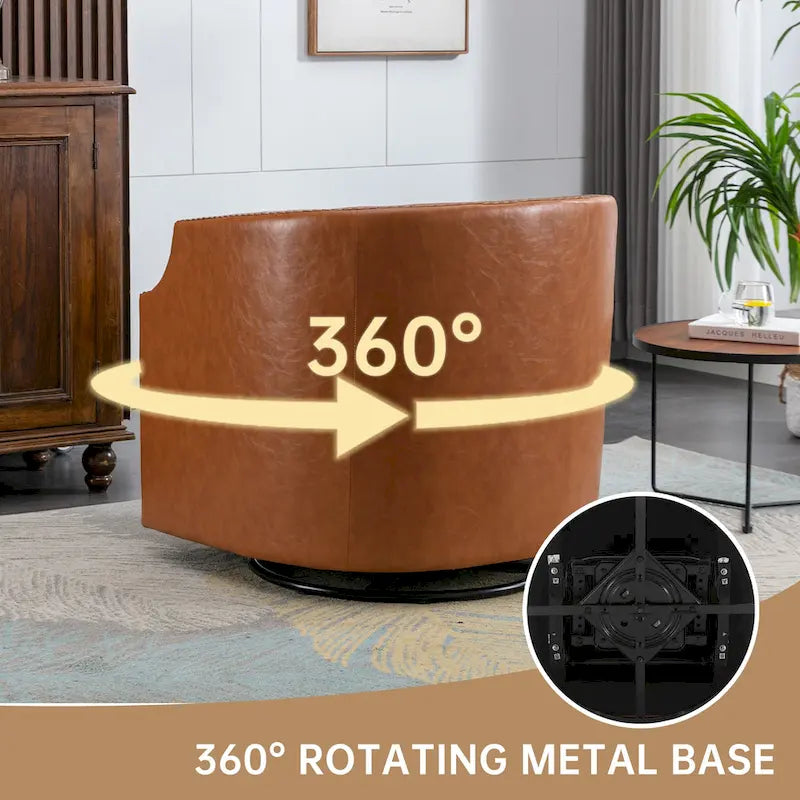 Sillón giratorio de barrica de 360 grados con remaches, tapizado en piel sintética/lino, para sala de estar