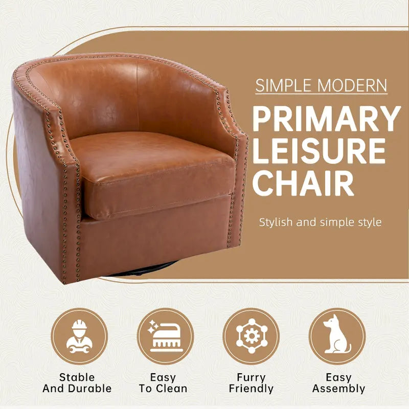 Sillón giratorio de barrica de 360 grados con remaches, tapizado en piel sintética/lino, para sala de estar