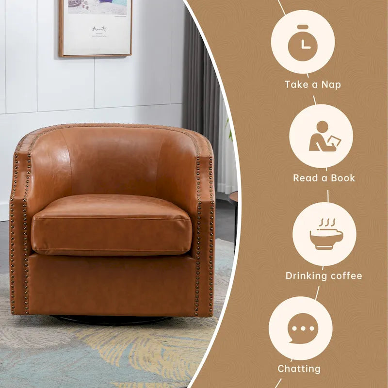 Sillón giratorio de barrica de 360 grados con remaches, tapizado en piel sintética/lino, para sala de estar