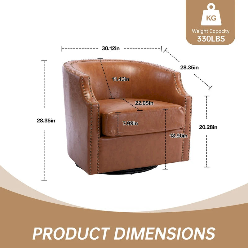 Sillón giratorio de barrica de 360 grados con remaches, tapizado en piel sintética/lino, para sala de estar