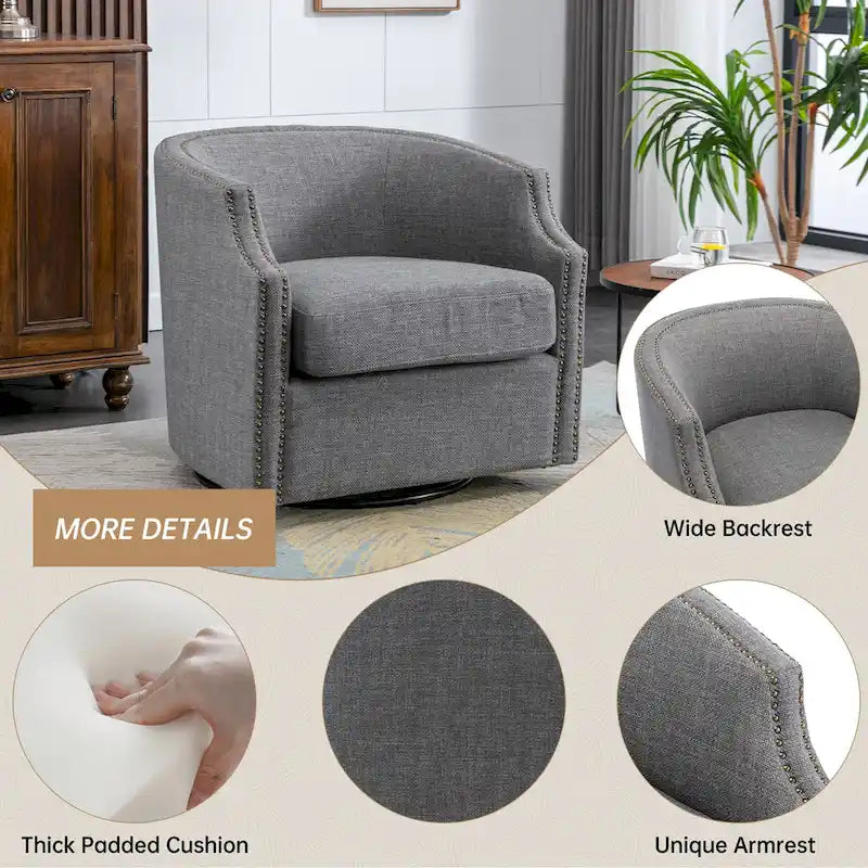 Sillón giratorio de barrica de 360 grados con remaches, tapizado en piel sintética/lino, para sala de estar