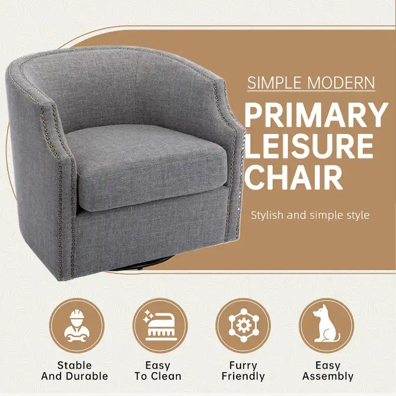Sillón giratorio de barrica de 360 grados con remaches, tapizado en piel sintética/lino, para sala de estar