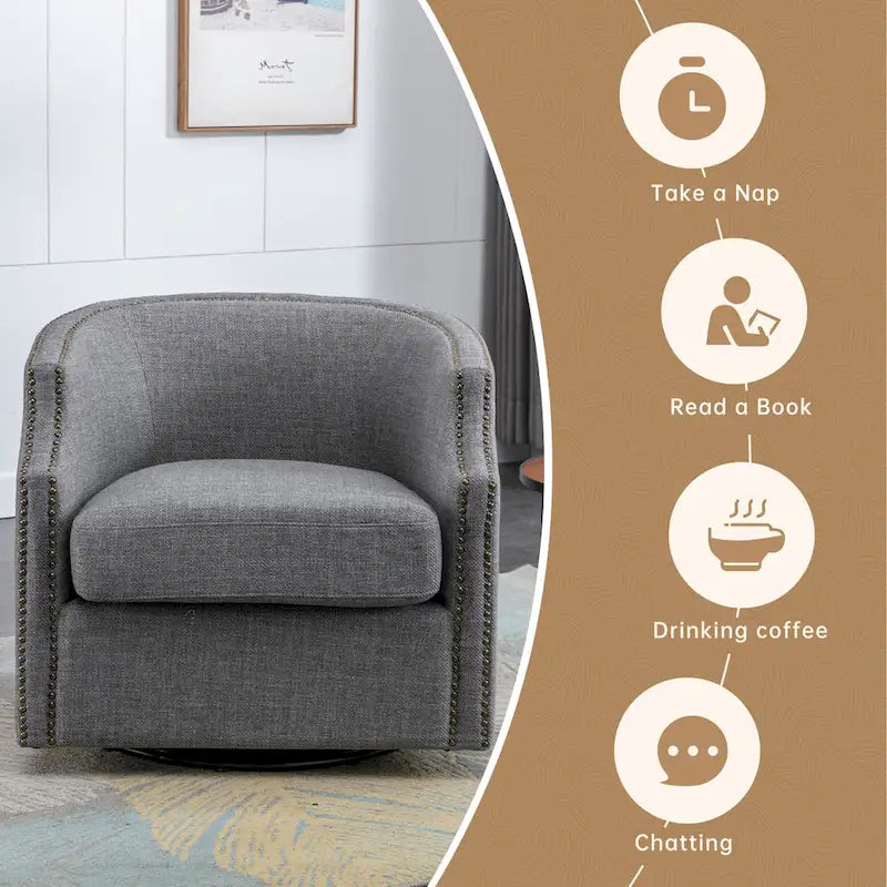 Sillón giratorio de barrica de 360 grados con remaches, tapizado en piel sintética/lino, para sala de estar