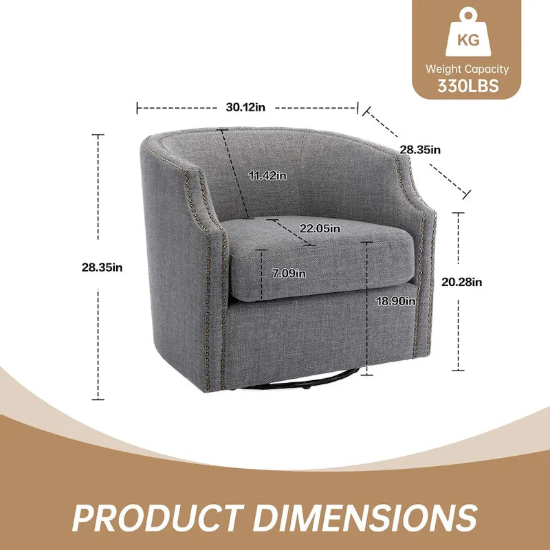 Sillón giratorio de barrica de 360 grados con remaches, tapizado en piel sintética/lino, para sala de estar