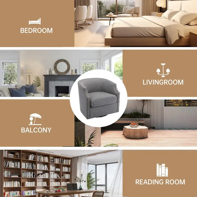 Sillón giratorio de barrica de 360 grados con remaches, tapizado en piel sintética/lino, para sala de estar