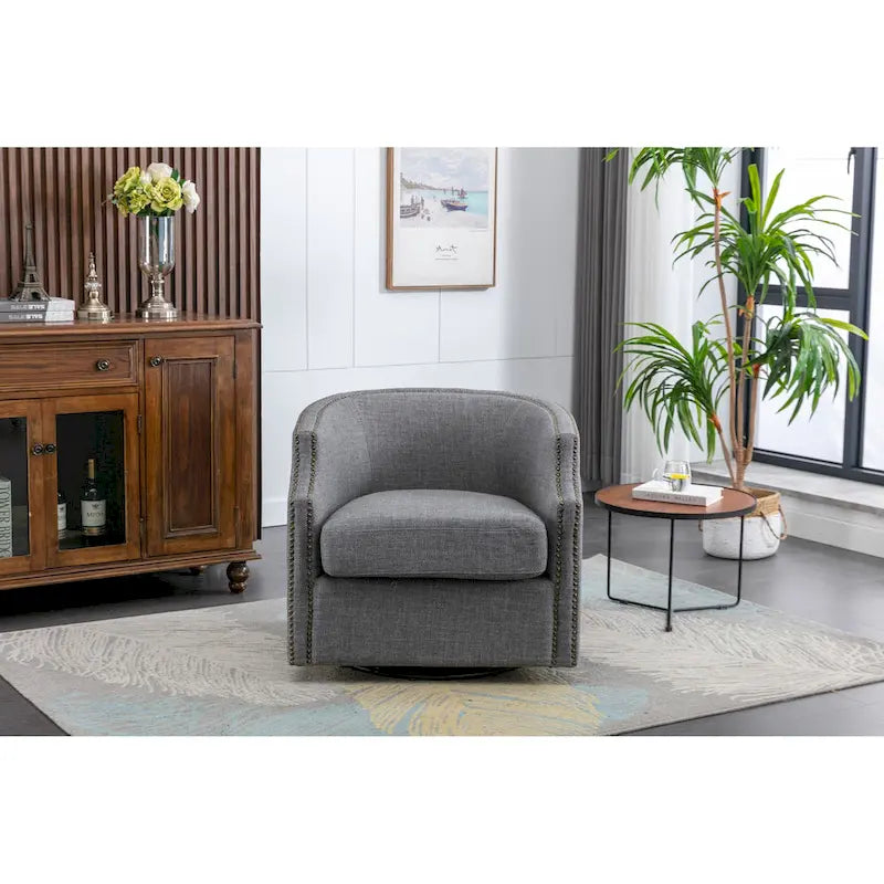 Sillón giratorio de barrica de 360 grados con remaches, tapizado en piel sintética/lino, para sala de estar