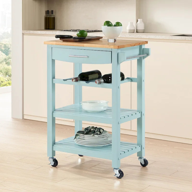 Carro de cocina de 4 niveles con encimera de madera maciza, cajón y botellero