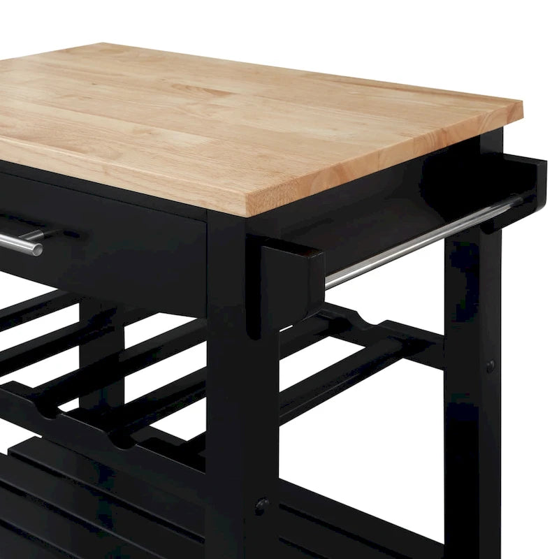 Carro de cocina de 4 niveles con encimera de madera maciza, cajón y botellero