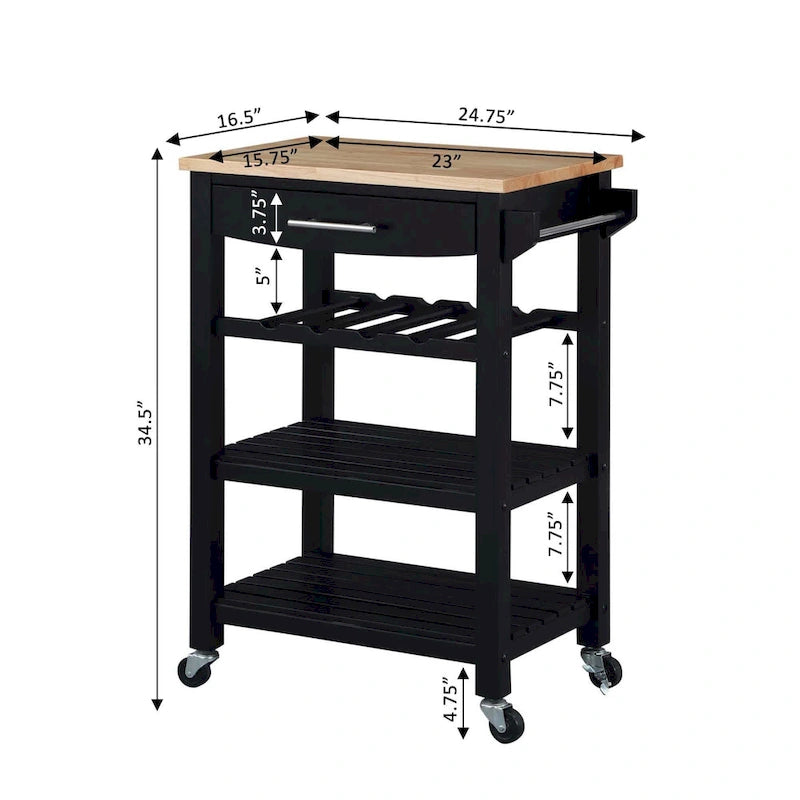 Carro de cocina de 4 niveles con encimera de madera maciza, cajón y botellero