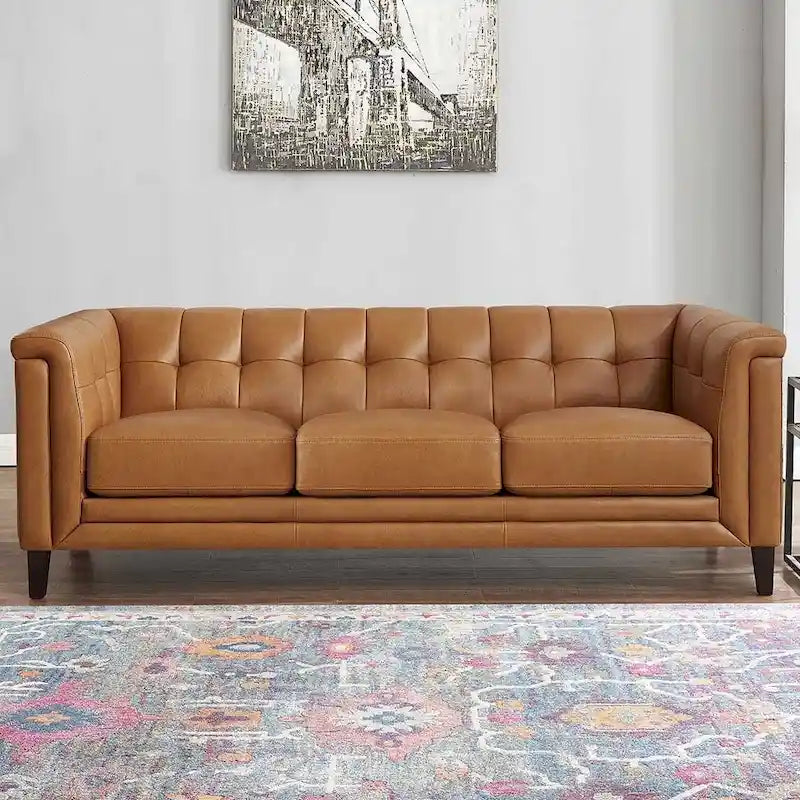 Sofá, sofá de dos plazas y sillón de cuero de plena flor con plumas, espuma viscoelástica y resortes