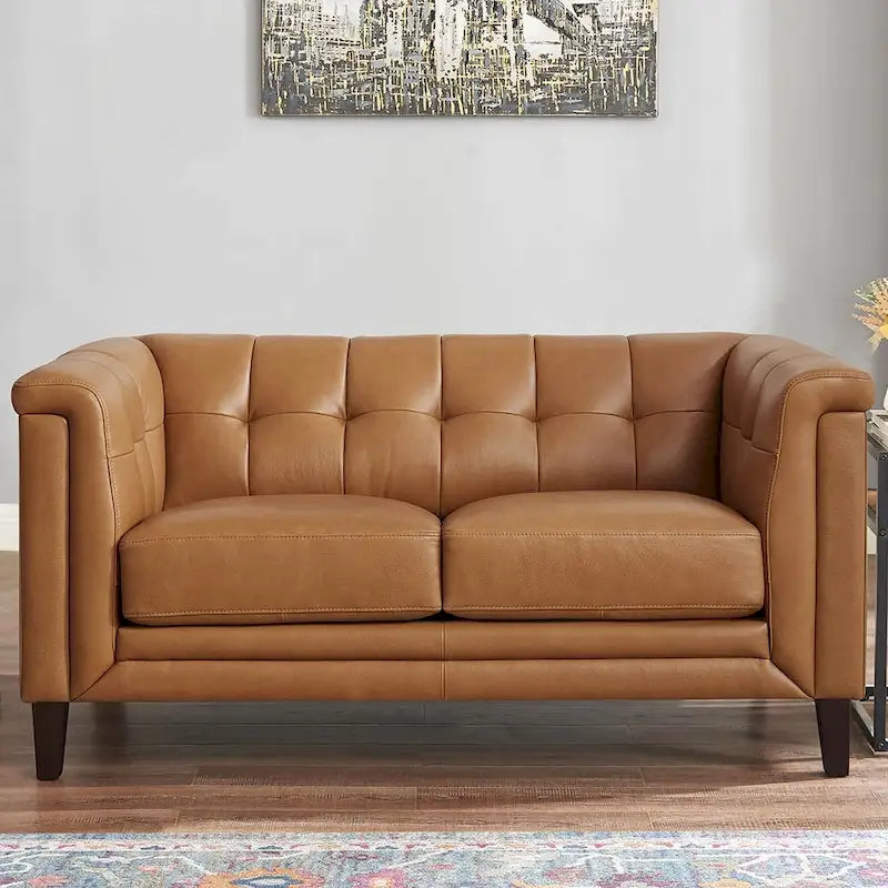 Sofá, sofá de dos plazas y sillón de cuero de plena flor con plumas, espuma viscoelástica y resortes