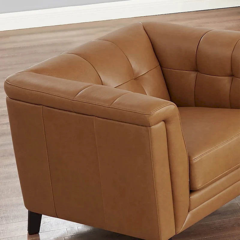 Sofá, sofá de dos plazas y sillón de cuero de plena flor con plumas, espuma viscoelástica y resortes