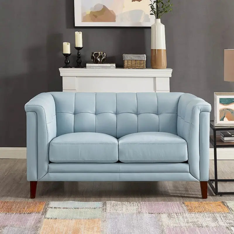 Sofá, sofá de dos plazas y sillón de cuero de plena flor con plumas, espuma viscoelástica y resortes
