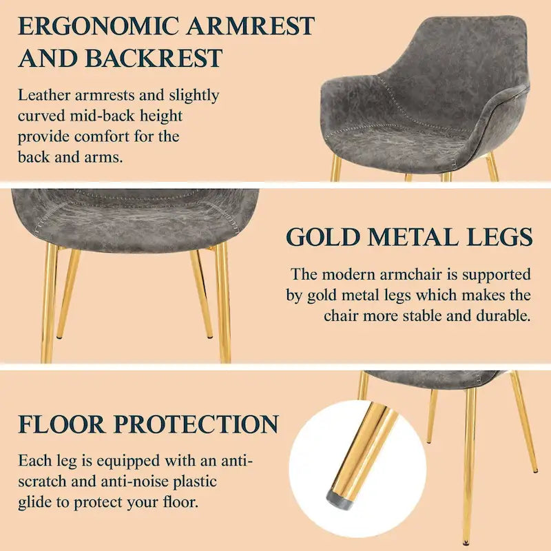 Sillón de comedor con patas metálicas doradas (2 unidades) - Marrón claro - 24.5Pr x 25.2An x 33Al