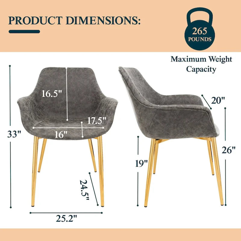 Sillón de comedor con patas metálicas doradas (2 unidades) - Marrón claro - 24.5Pr x 25.2An x 33Al
