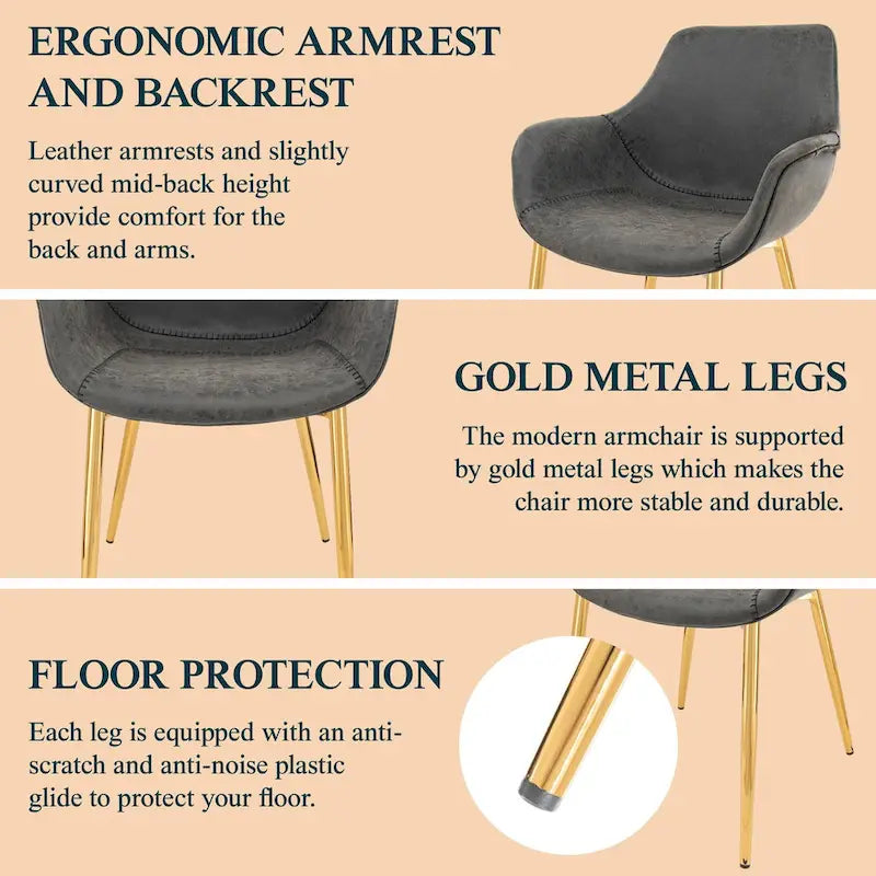 Sillón de comedor con patas metálicas doradas (2 unidades) - Marrón claro - 24.5Pr x 25.2An x 33Al