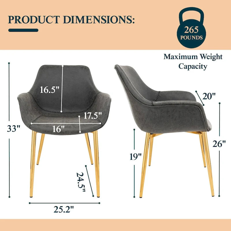 Sillón de comedor con patas metálicas doradas (2 unidades) - Marrón claro - 24.5Pr x 25.2An x 33Al