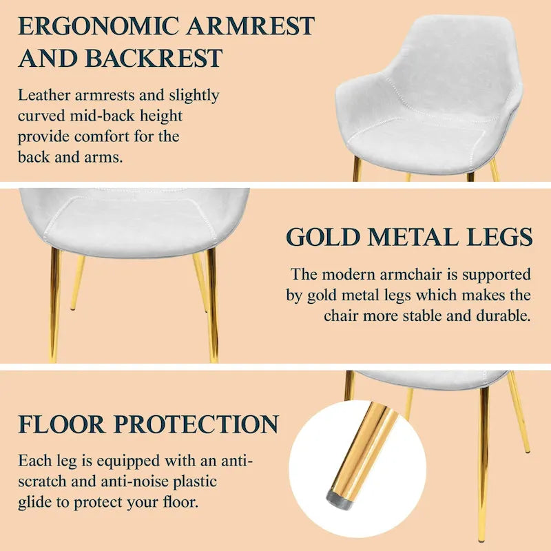 Sillón de comedor con patas metálicas doradas (2 unidades) - Marrón claro - 24.5Pr x 25.2An x 33Al