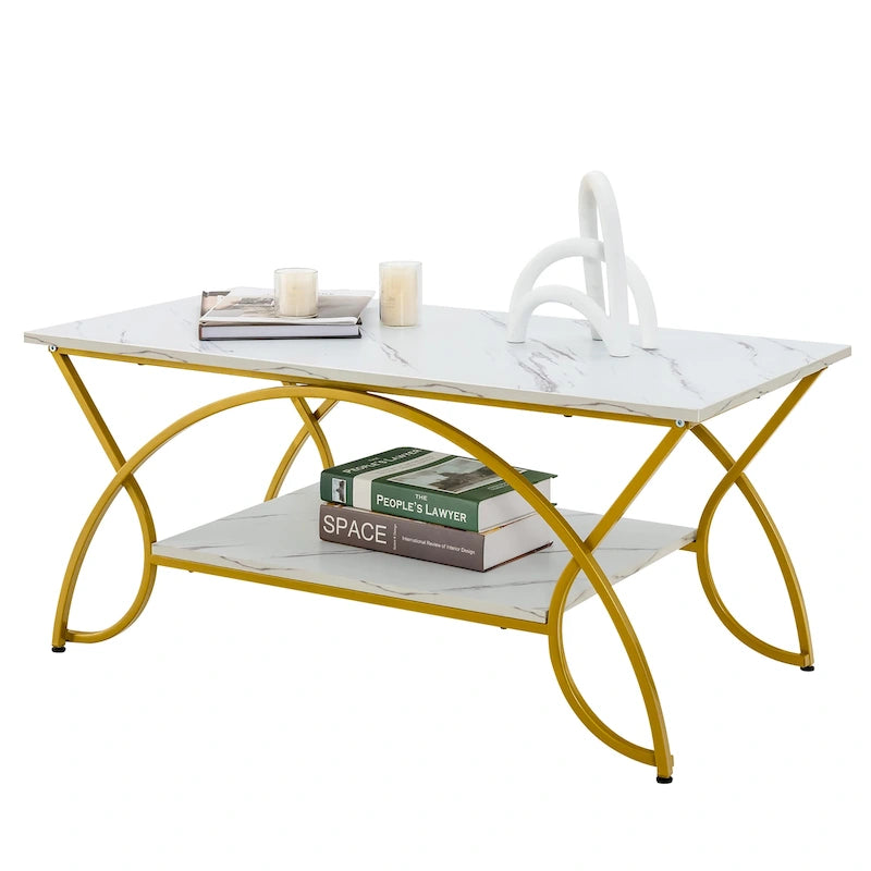 Mesa de centro de 2 niveles, moderna, de imitación mármol, mesa auxiliar, mesa de cóctel