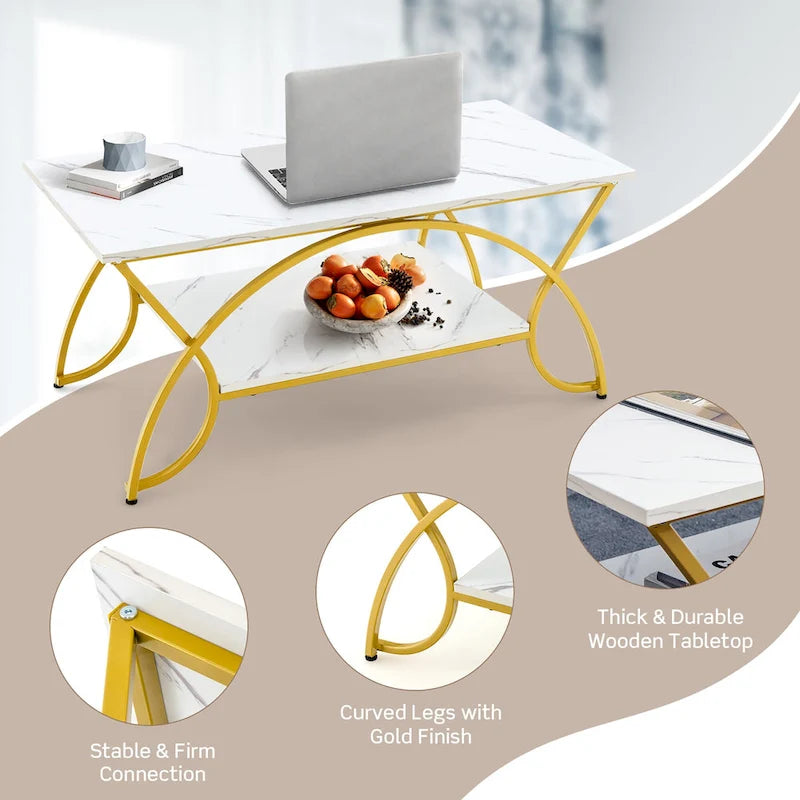 Mesa de centro de 2 niveles, moderna, de imitación mármol, mesa auxiliar, mesa de cóctel