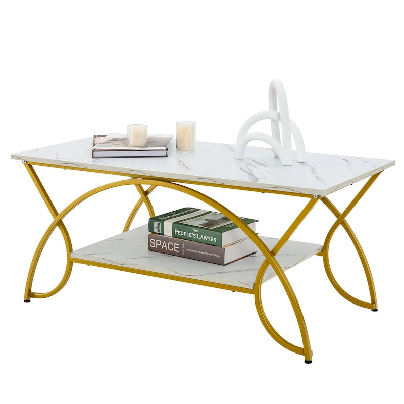 Mesa de centro de 2 niveles, moderna, de imitación mármol, mesa auxiliar, mesa de cóctel