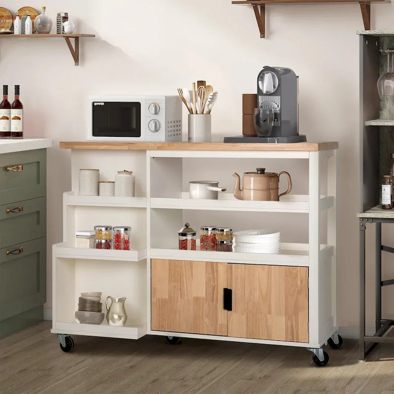 Carro de cocina portátil con encimera de madera y cajones