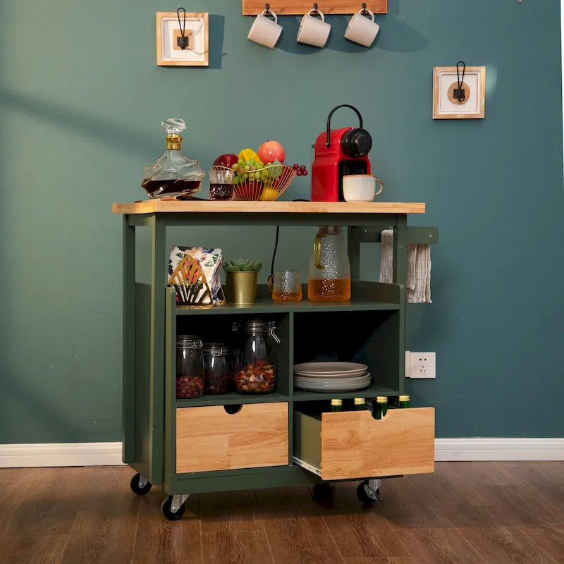 Carro de cocina portátil con encimera de madera y cajones