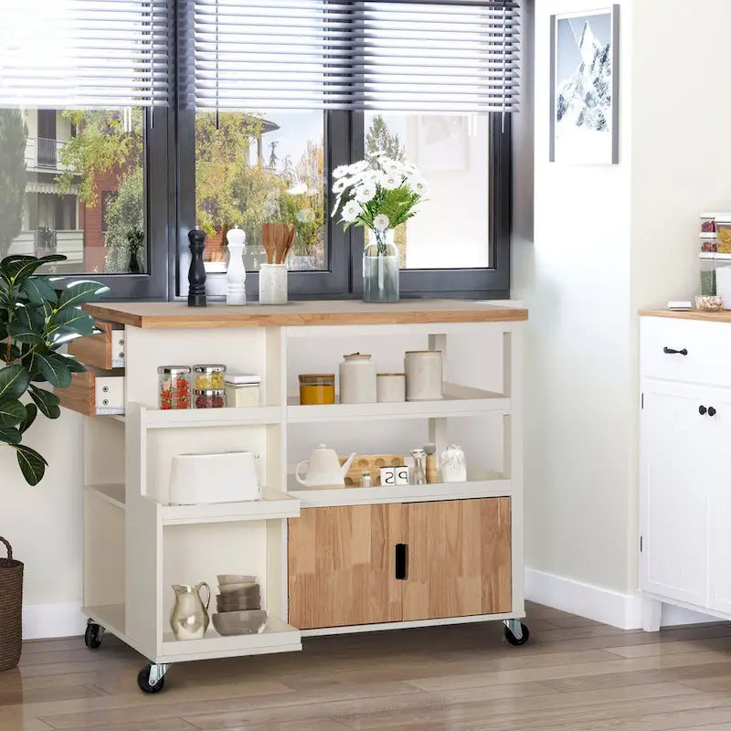 Carro de cocina portátil con encimera de madera y cajones