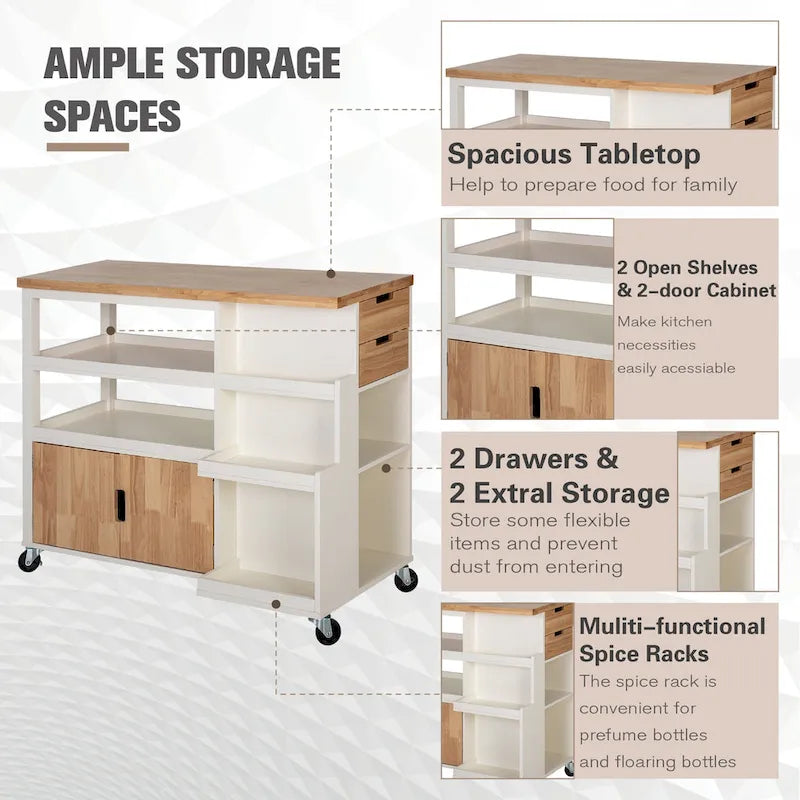Carro de cocina portátil con encimera de madera y cajones