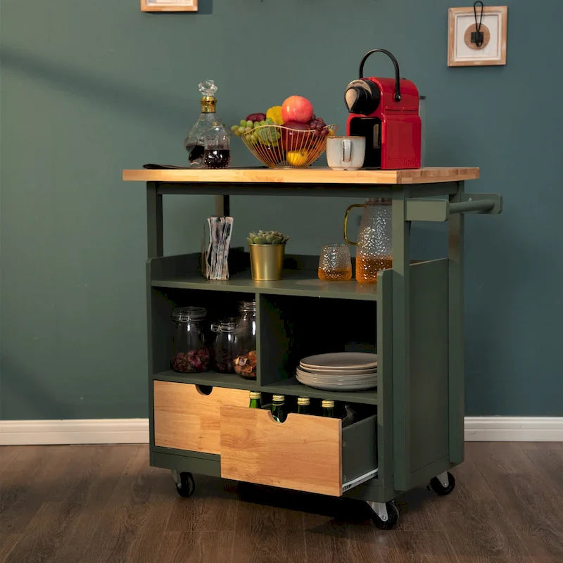 Carro de cocina portátil con encimera de madera y cajones