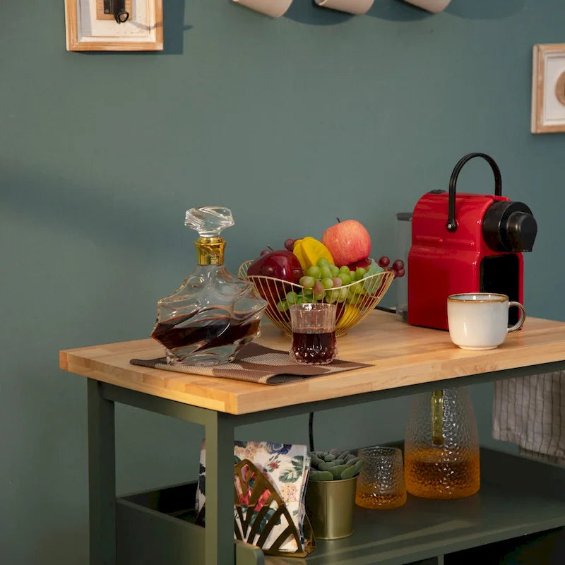 Carro de cocina portátil con encimera de madera y cajones