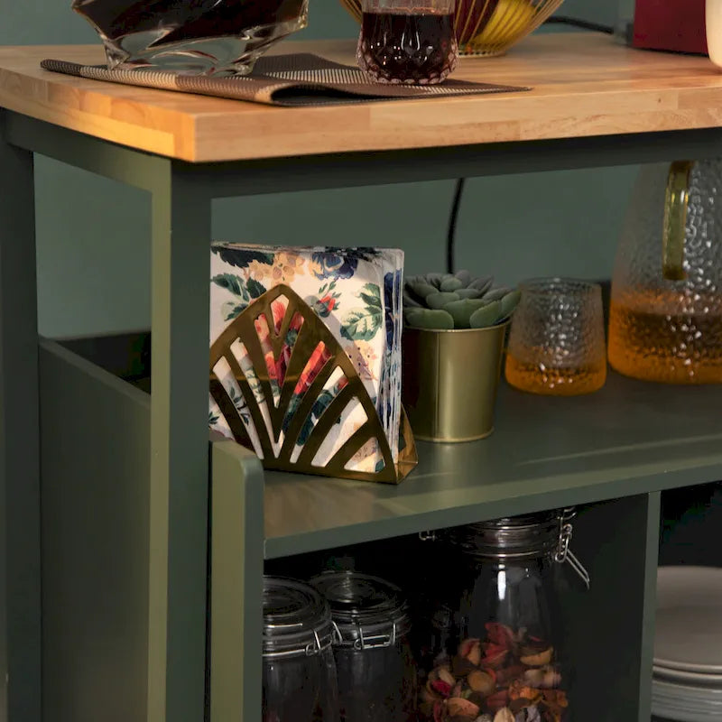 Carro de cocina portátil con encimera de madera y cajones