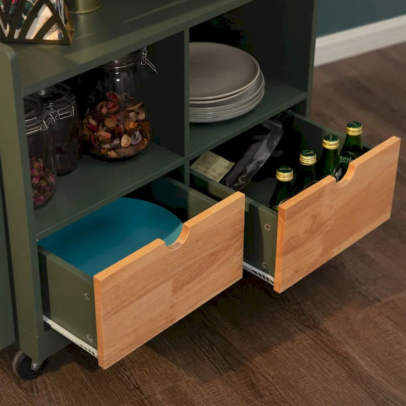Carro de cocina portátil con encimera de madera y cajones