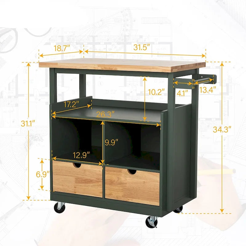 Carro de cocina portátil con encimera de madera y cajones