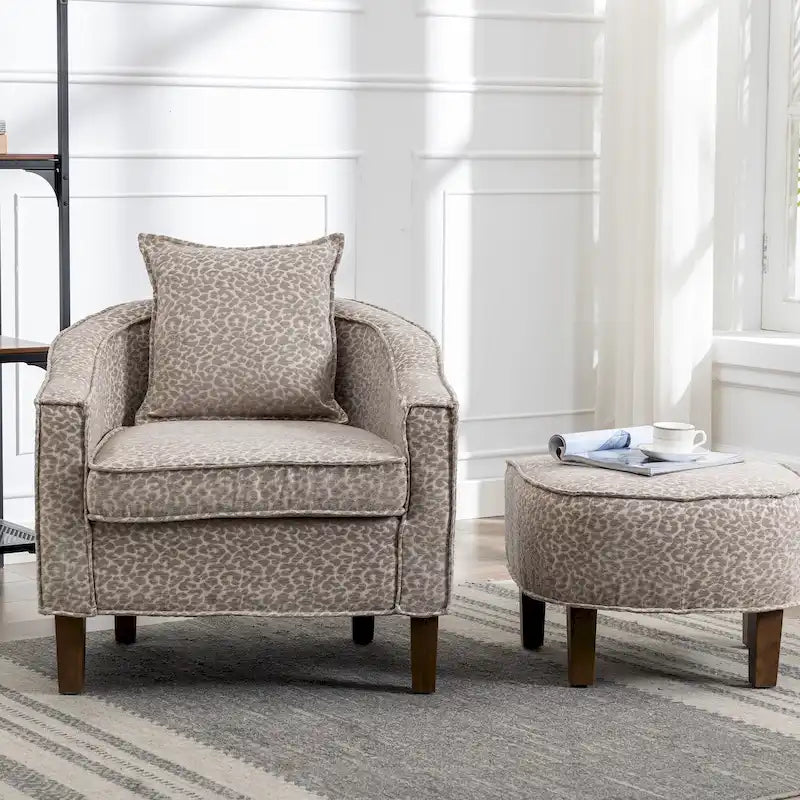 Sillón individual con otomana tapizado en lino/poliéster de estilo Mid Century