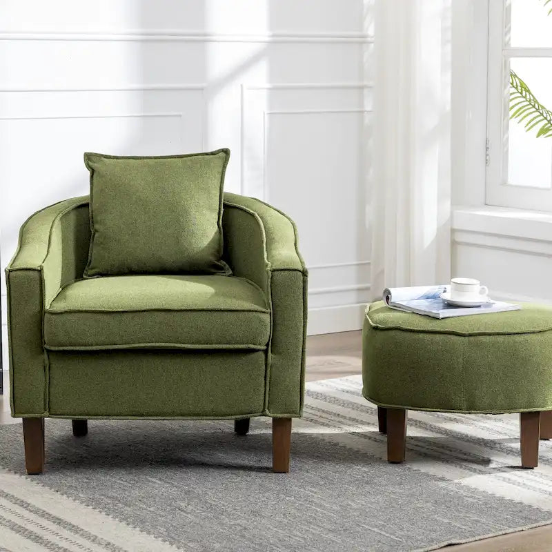 Sillón individual con otomana tapizado en lino/poliéster de estilo Mid Century