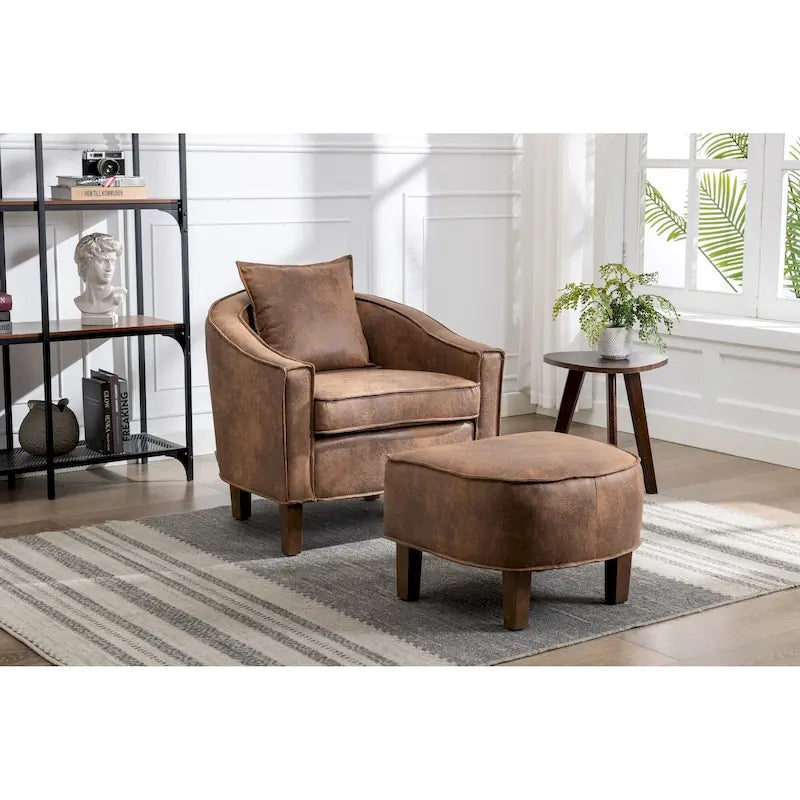 Sillón individual con otomana tapizado en lino/poliéster de estilo Mid Century