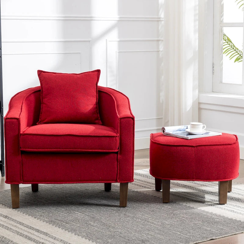 Sillón individual con otomana tapizado en lino/poliéster de estilo Mid Century