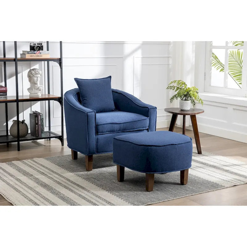 Sillón individual con otomana tapizado en lino/poliéster de estilo Mid Century