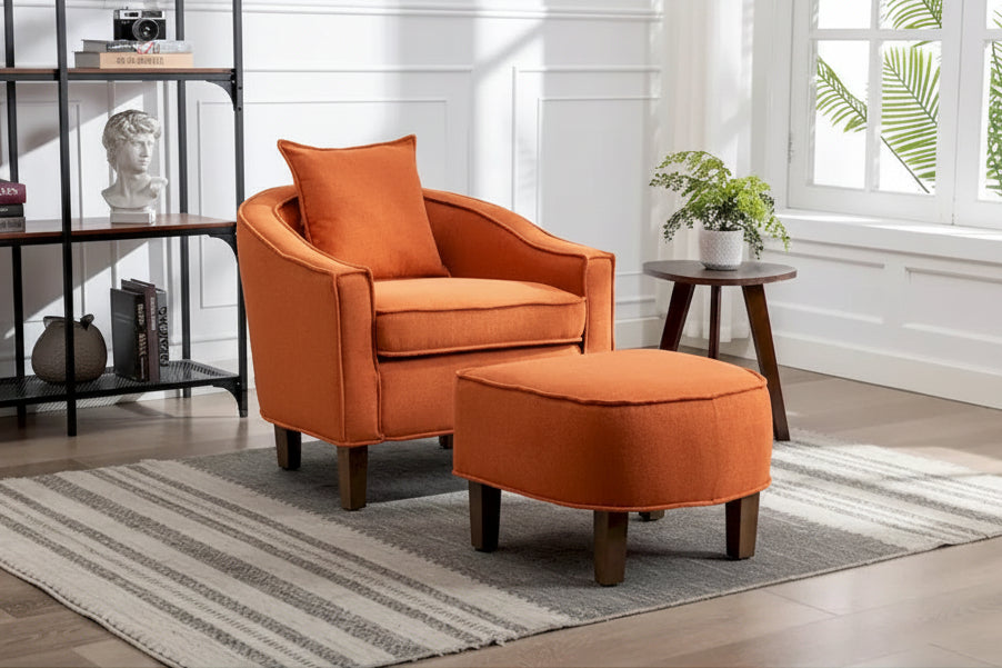 Sillón individual con otomana tapizado en lino/poliéster de estilo Mid Century