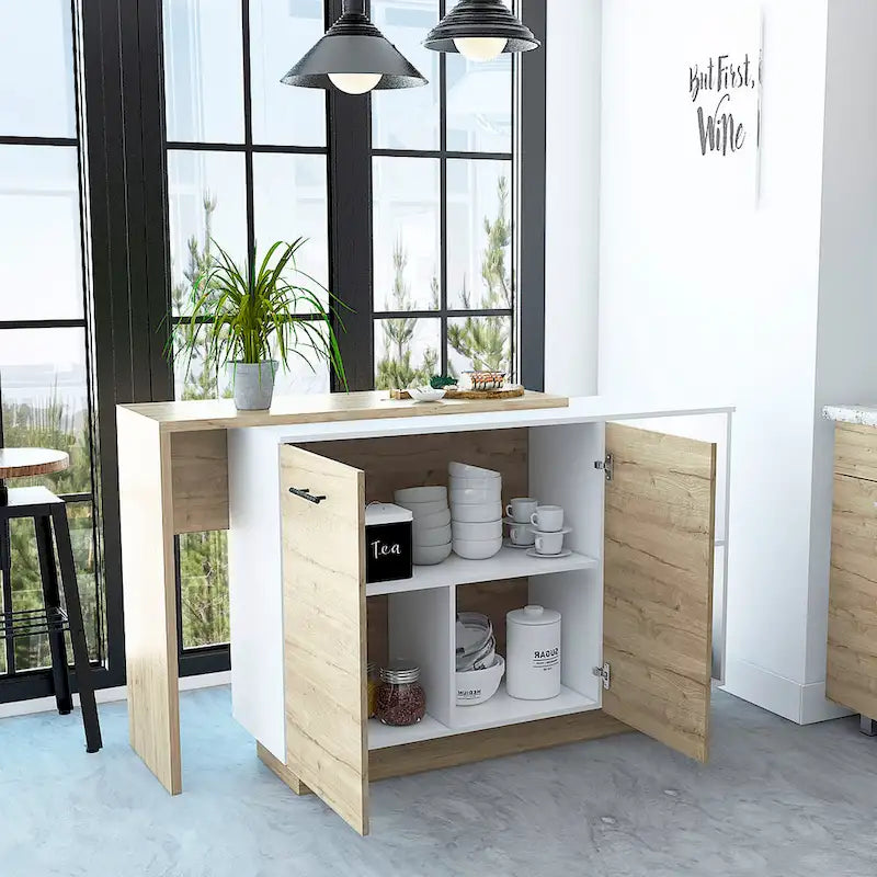 Isla de cocina con 2 estantes abiertos, gabinete de doble puerta y 3 estantes interiores