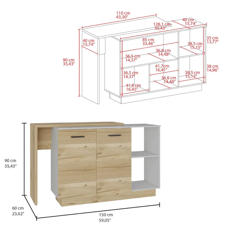 Isla de cocina con 2 estantes abiertos, gabinete de doble puerta y 3 estantes interiores