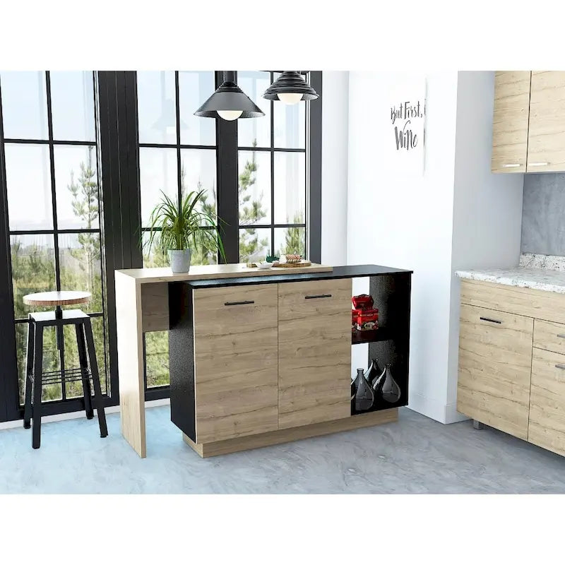 Isla de cocina con 2 estantes abiertos, gabinete de doble puerta y 3 estantes interiores