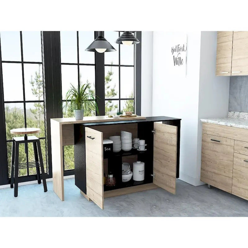 Isla de cocina con 2 estantes abiertos, gabinete de doble puerta y 3 estantes interiores
