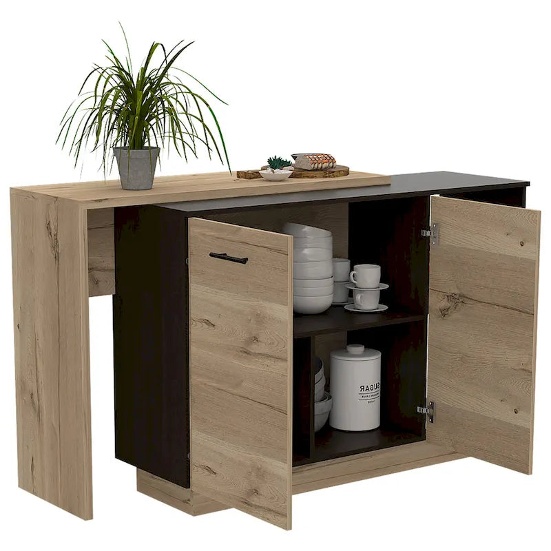 Isla de cocina con 2 estantes abiertos, gabinete de doble puerta y 3 estantes interiores