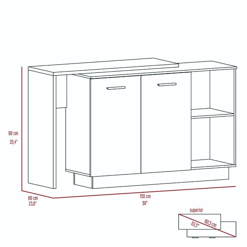 Isla de cocina con 2 estantes abiertos, gabinete de doble puerta y 3 estantes interiores
