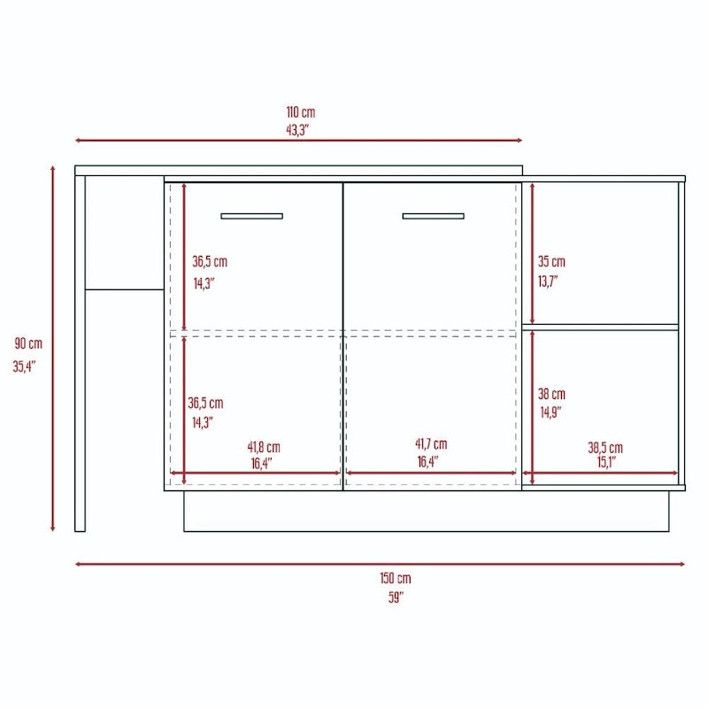 Isla de cocina con 2 estantes abiertos, gabinete de doble puerta y 3 estantes interiores