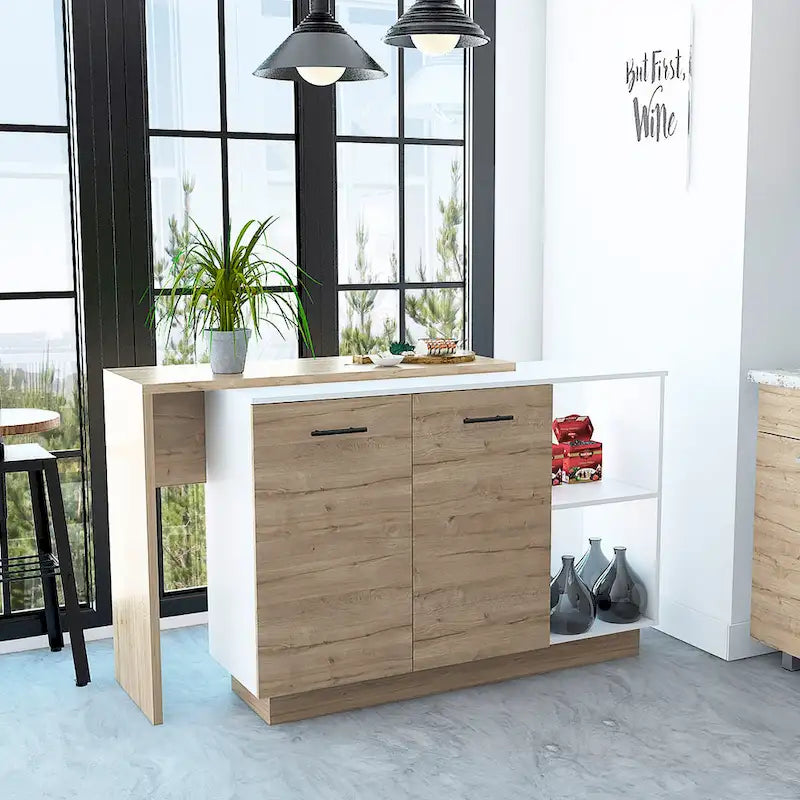 Isla de cocina con 2 estantes abiertos, gabinete de doble puerta y 3 estantes interiores